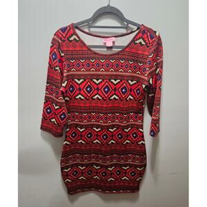 She's Cool Red Black Geometric Aztec Bodycon Dress Size L NWT